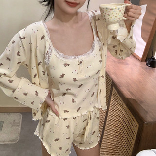 Mùa Hè Có Đệm Dây Quần Short Tay Dài Ba Mảnh Phù Hợp Với Bộ Đồ Ngủ Nữ Dễ Thương Ren Modal Phù Hợp Với Gấu Mai