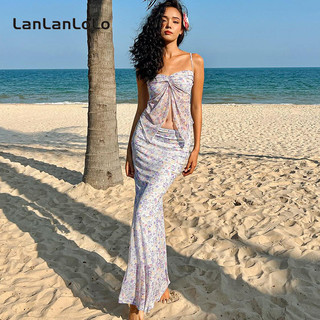 Lanlanlo Nữ 2024 Hoa Ngọt Ngào Gợi Cảm Lưới Dây Mỏng Crop Cổ Khe Lưng Midi Váy