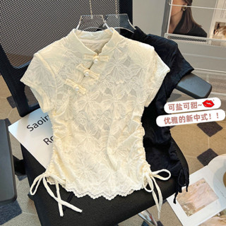 Áo Nữ Cao Cấp Mới Trung Quốc Retro Khóa Ánh Sáng Phong Cách Trung Quốc Cổ Tròn Nhìn Xuyên Qua Áo Sơ Mi Ren Tay Ngắn Mùa Hè