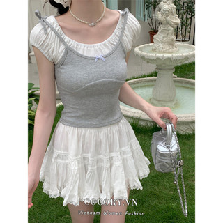 Cocorygirl phiên bản Hàn Quốc của áo thun nữ tay ngắn giả hai mảnh tay phồng mỏng phong cách BM cao cấp