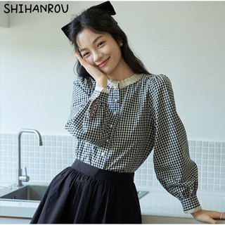 Shihanrou Áo sơ mi kẻ sọc dài tay Cotton thanh lịch mùa thu Pháp quần áo nữ mới