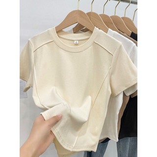 Cổ Tròn Xương Cá Ngắn Slim-fit Áo Thun Nữ Thời trang Không Đều Mùa Hè Phong Cách Mới Màu Trơn Phong Cách Phương Tây