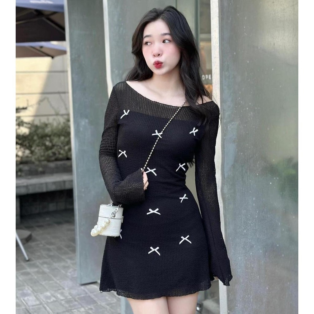 Đầm Lưới Tay Dài DaaLaa Store Kiểu Đính Nơ Xinh Xắn D123