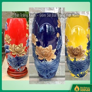 Bình hoa bát tràng, lọ hoa đắp nổi hoa sen, gốm sứ bát tràng cao cấp - gốm sứ bát tràng xanh