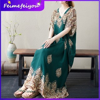 [Ảnh thực tế] Đầm nữ cổ chữ V mới giảm béo cổ điển Bohemian Resort Style Plus Size