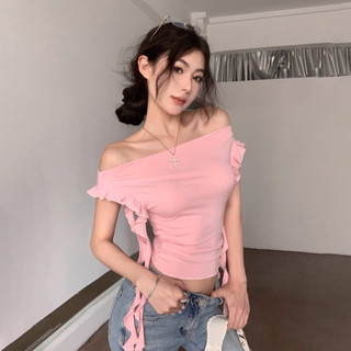  Áo Nữ Kiểu Trễ Vai Tay Ngắn PINKSTORE29 Phối Tua Rua Nhún Eo Cá Tính A51268 