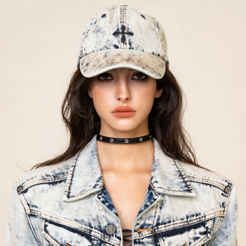 ASFJ SMFK Cross Denim Baseball Cap Four-Color Embroidery Vintage Casual Hat New Vintage Baseball Cap