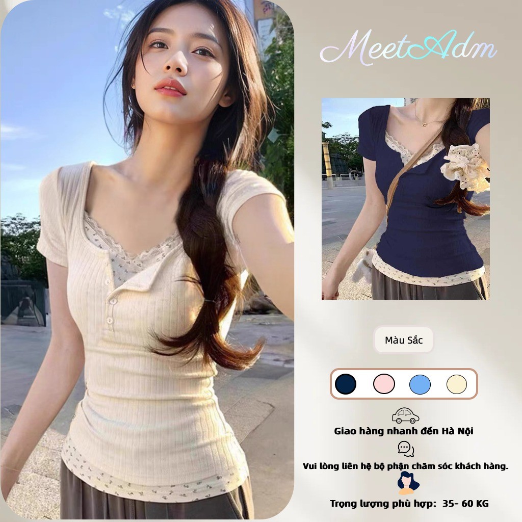Meet-Adm Áo Thun Nữ  Cổ Tròn Giá 2 Lớp Viền Ren Hoa Nhỉ Ngắn Tay Phong Cách Tiểu Thư Hàn Quốc Coquette | BigBuy360 - bigbuy360.vn