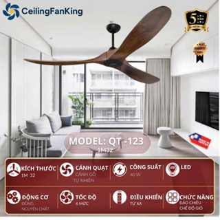 quạt đối lưu Quạt trần 3 cánh gỗ tự nhiên QT-123 Động cơ DC 6 số có cáp an toàn