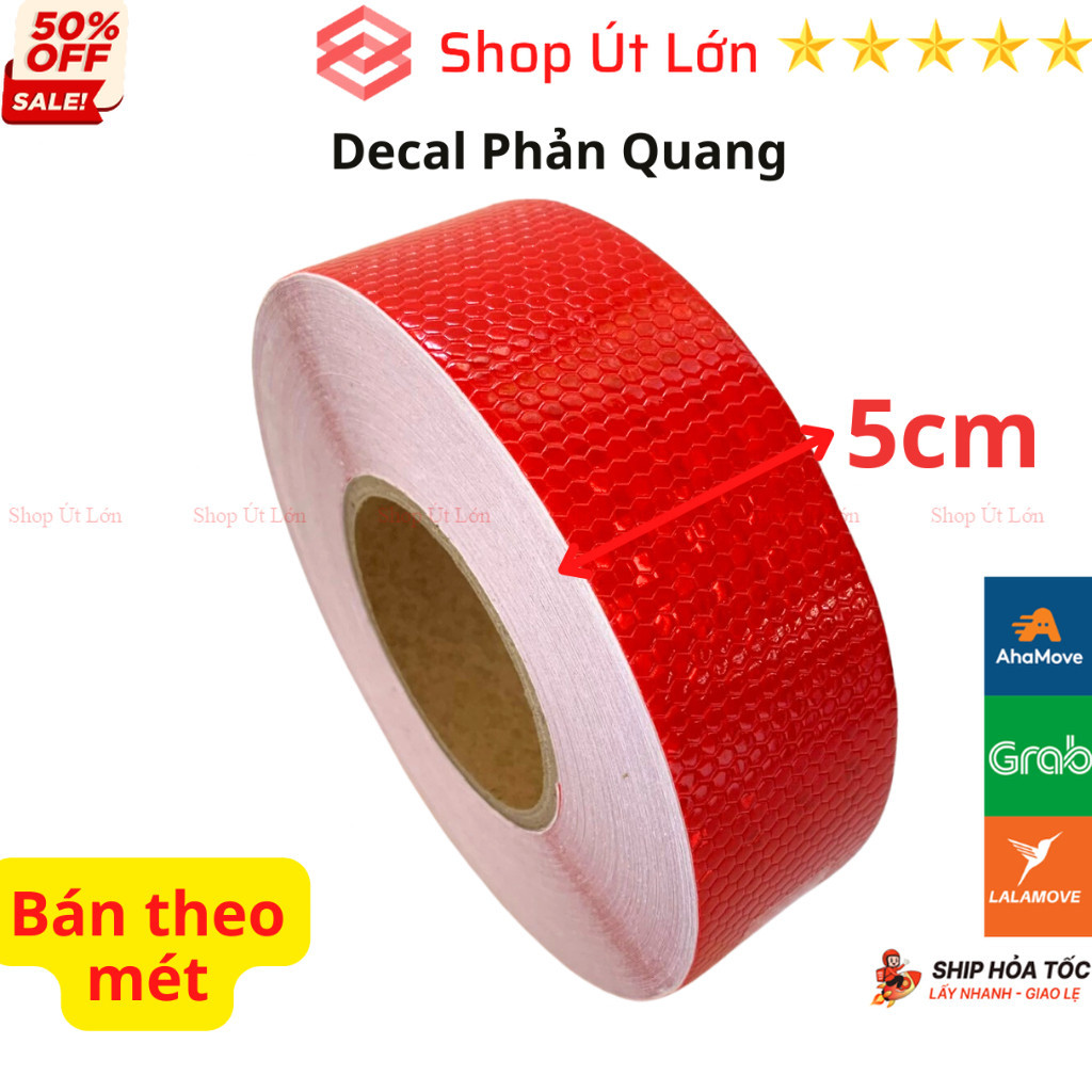 Decal phản quang màu Đỏ rộng 5cm, băng keo phản quang bán theo mét - Shop Út Lớn