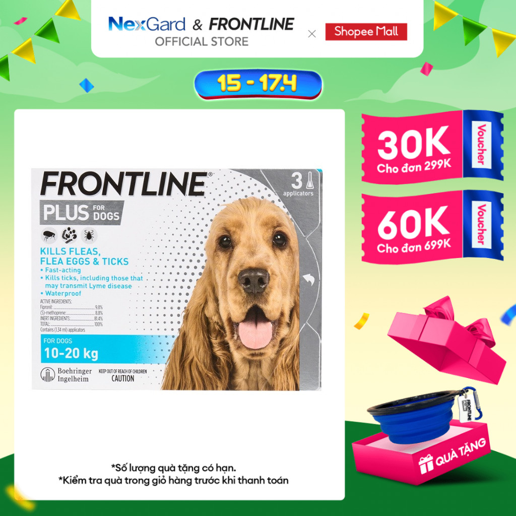 Frontline Plus - Tuýp nhỏ gáy phòng & trị ve, rận, bọ (trứng, ấu trùng, con trưởng thành) cho chó 10-20kg - 1 hộp 3 tuýp