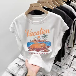 100% Cotton 200g Boutique Áo thun không tay cổ tròn dáng rộng in hình hoạt hình dành cho nữ
