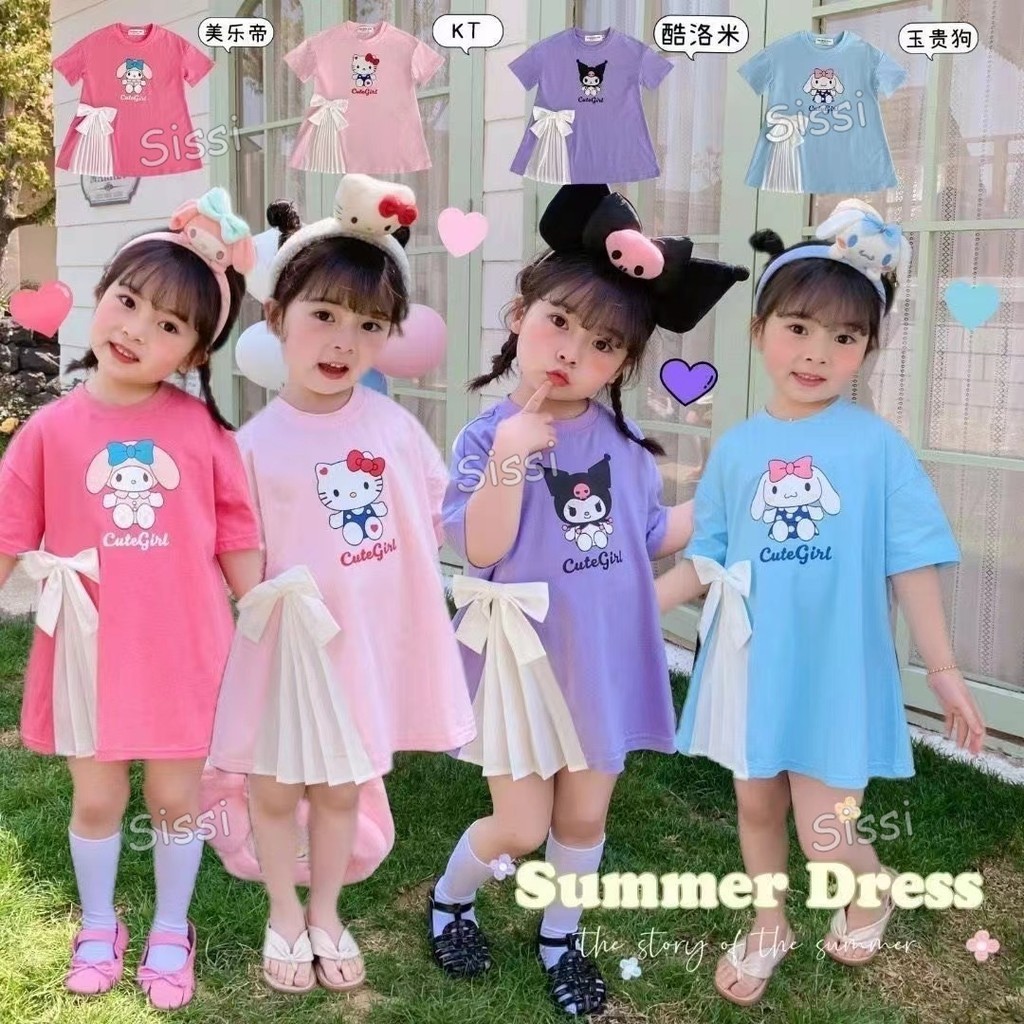 Sanrio Melody Cinnamoroll Đồ Ngủ Đầm Trẻ Em Cô Gái Kuromi Cổ Tròn Nơ Satin Pyjama Cho Trẻ Em Bé Gái Bộ Đồ Ngủ In Hoạt Hình Kuromi Quần Áo Cho Bé Gái Váy Ngủ Trẻ Em Pijama