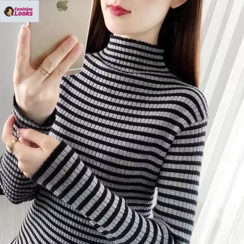 Áo Dệt Kim Cổ Lọ Họa Tiết Kẻ Sọc Dáng Ôm Thời Trang Cho Nữ