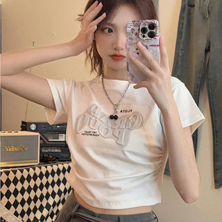 Áo thun Cotton nguyên chất mùa hè in chữ cho nữ Slim Fit eo gấp ngắn