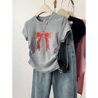 Áo baby tee Áo Thun ôm body Áo y2k Nơ Niche Vai Trước Áo Thun Nữ Tay Ngắn Mùa Hè Nhỏ Ngắn Slim-Fit Top 2024 Phong Cách Mới