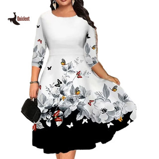 QUIXLENT Mùa Hè Cổ Tròn 45355 Tay Midi Đầm Bướm In Hoa Eo Rộng Viền