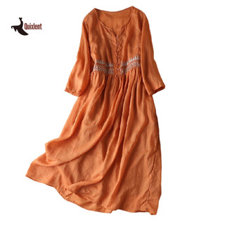 QUIXLENT Mùa Hè Retro Phong Cách Dân Tộc Thêu In Midi Đầm Cổ Tròn Tay Dài Nút Nửa