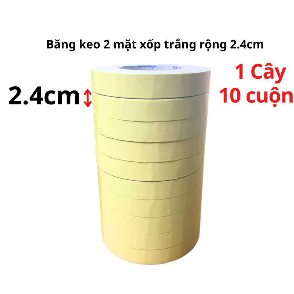 SKU394 - Băng keo 2 mặt xốp trắng, rộng 2,4cm - dầy 3mm - dài 6 mét, lõi giấy 3mm - STBK