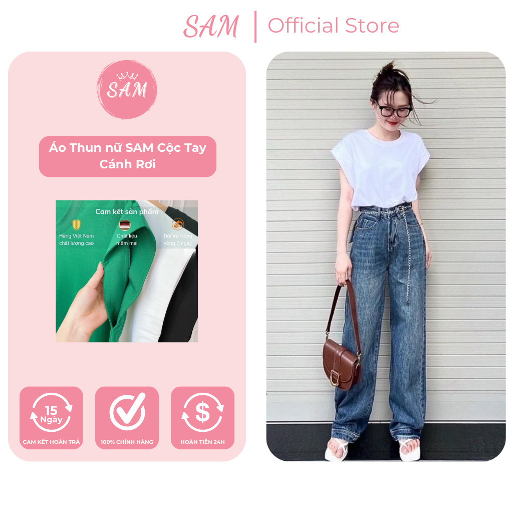 Áo thun nữ SAM cộc tay cánh rơi kiểu phông form rộng vải cotton đẹp màu trắng đen xanh nâu phong cách năng động