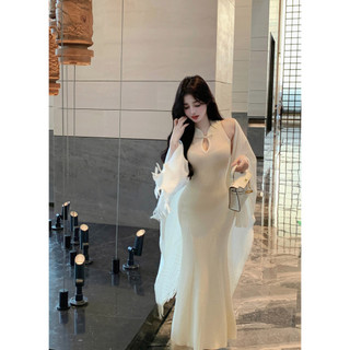 Váy cottagecore Váy 2 dây trễ vai bigsize nữ Đầm hai đi biển Khăn choàng Cardigan nữ thiết kế váy dệt kim đuôi cá