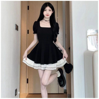 Màu Sắc Tương Phản Ngắn Tay Đầm Nhỏ Đen Giảm Béo Chữ A Đầm Hepburn Phong Cách Co Giãn Eo Đầm