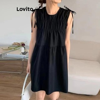 Đầm Lovito có dây rút màu trơn phong cách thường ngày cho nữ LNE56299