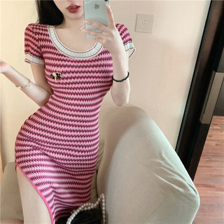 Mùa hè Phong Cách Mới Tính Khí Sọc Nẹp Khe Dệt Kim Thiết Kế Nữ Niche Mid @ -