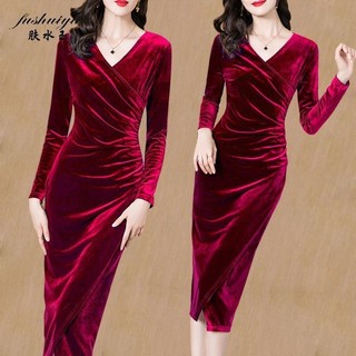 Fushuiyu Váy khí chất cổ chữ V giảm tuổi mới dành cho nữ váy dài tay mỏng quấn hông xẻ tà váy dài nhung vàng quấn bụng