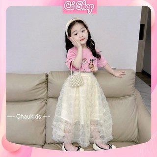 Set áo hồng CS84 chân váy ren tầng cho bé gái