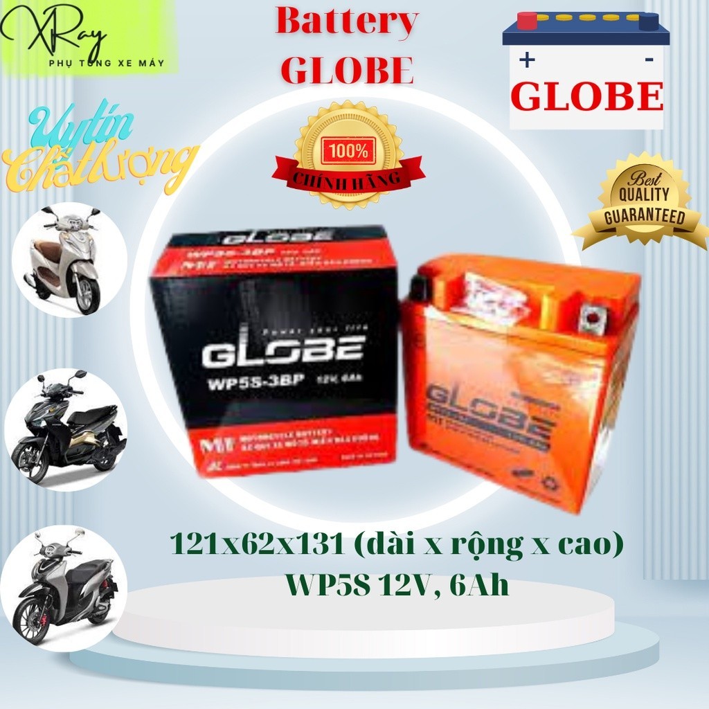 Ắc quy khô xe máy GLOBE 12V - 6Ah WP5S - 3BP dùng cho Super Dream, Wave Alpha, Future 110, Taurus, Gravita Limite