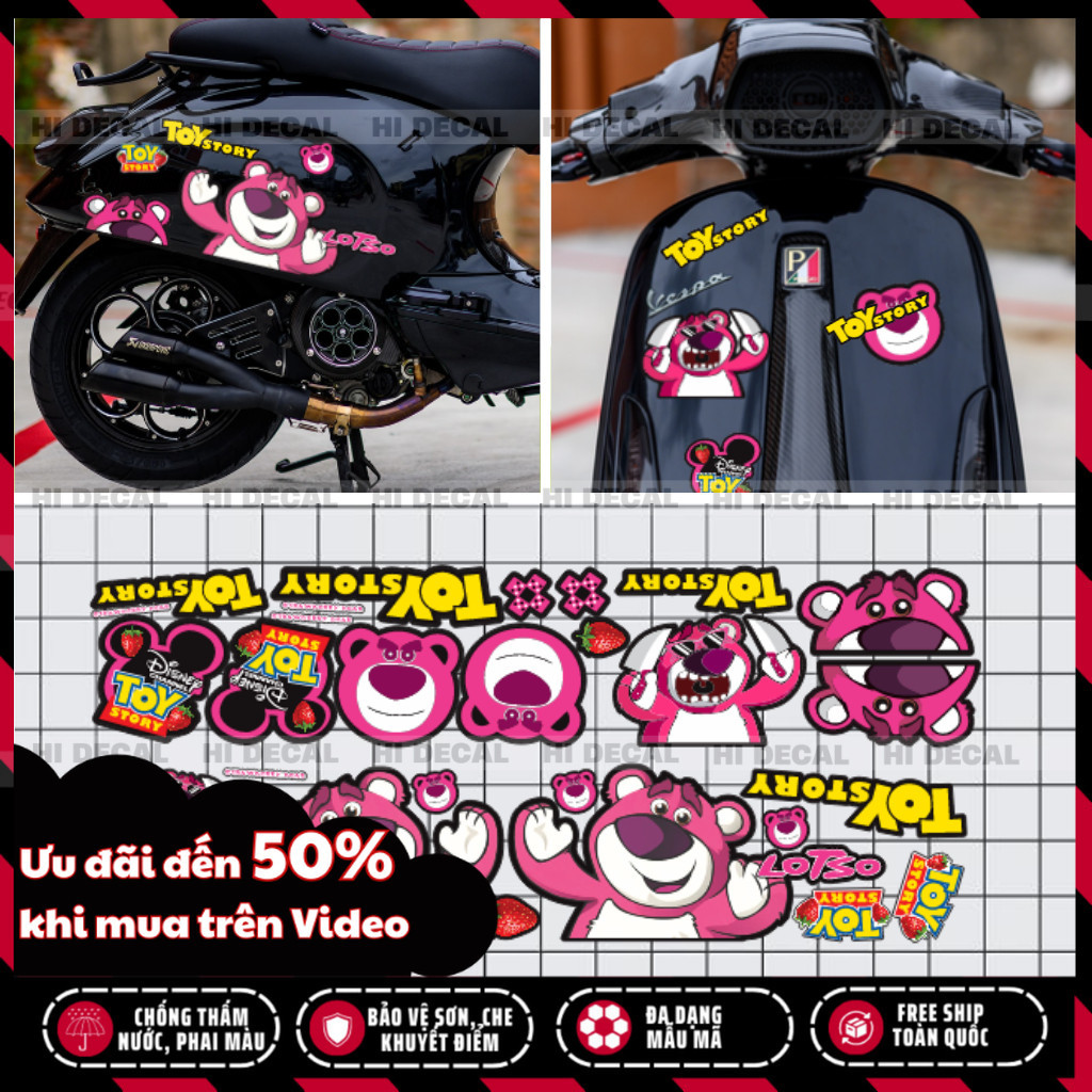 Tem gấu dâu Losto bản mới v2 to hơn bản cũ dán xe điện SH Wave Vespas Vision chống nước