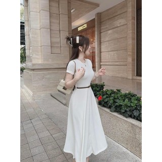 Đầm Tăm Lạnh Dáng Midi Chữ A Xòe Cổ Tròn Tay Ngắn Kèm Nịt Thướt Tha