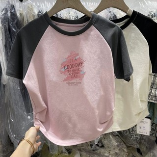 Áo thun ngắn tay nữ đeo vai cổ tròn tay Raglan chắp vá Áo thun ngắn tay nữ Mỹ Retro xếp ly Thiết kế mỏng vừa vặn và đa năng hàng đầu sành điệu