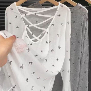 Milyfashion Mùa Hè Thường Ngày Rời Lưng Xuyên Rỗng Nơ Dài Tay Áo Thun Nữ Mỏng Chống Nắng Áo Top