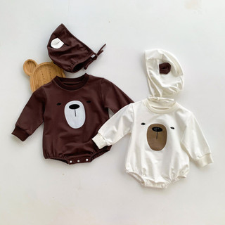 Áo liền quần cho bé Quần áo mùa thu Phiên bản Hàn Quốc cho bé Áo nỉ một mảnh in hình gấu dễ thương Áo liền quần dài tay Mũ miễn phí