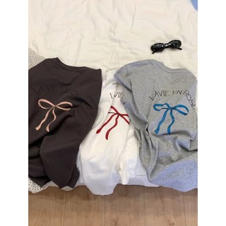 Phiên Bản Hàn Quốc Cotton Nguyên Chất Xuân Hè Rời Nơ In Hình Giảm Tuổi Cổ Tròn Ngắn Tay Tất Cả @ -