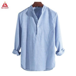 Áo Sơ Mi Nam GU CHẤT Chất Đũi (Linen) Kẻ Sọc, Cổ Tàu, tay Dài - GUD04