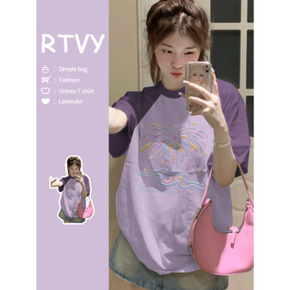 「RTVY」Áo thun Cotton ngắn tay nguyên chất in pháo hoa mùa hè dáng rộng tay áo Raglan thông thường