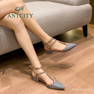 Baotou Xuân Hè Một Từ ANTCITY Giày Nữ Đinh Tán Dép Liuding Giày Phong Cách Mới Mũi Nhọn Dày Gót Phù Hợp Với Dây Đeo 6COX