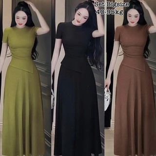 Thời Trang Bigsize  Set Bộ Áo Cổ Tròn Vạc Chéo và Chân Váy Dáng Dài Bigsize Thun Tăm Hot Hit Nữ Cao Cấp Xinh Đẹp 45-95kg
