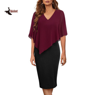 QUIXLENT  Nữ Cổ Chữ V In Khăn Choàng Midi Đầm Slim Fit Giả Hai Mảnh Dài Đầu Gối Vỏ