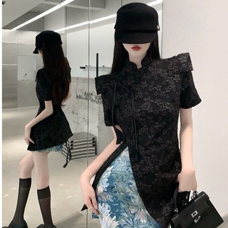 F & X Mới Trung Quốc Đầm Niche Sang Trọng Độc Đáo Áo Thun Nữ Mùa Hè Cao Cấp Quốc Gia Hợp Thời Trang Tối Họa Tiết Khóa Khe Sườn Xám Top Phù Hợp Với