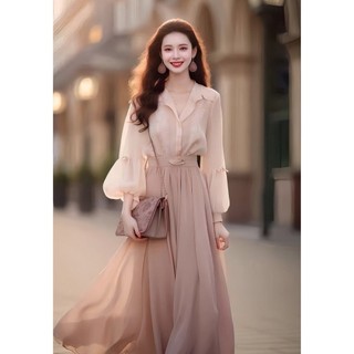 Váy nữ Mùa Thu Mới Nhất dáng cổ Áo Sơ Mi  Váy Nửa Người Màu Hồng, nhẹ nhàng khí chất thần tiên