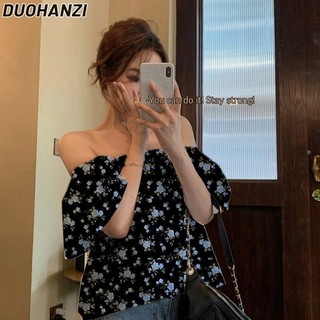 Duohanzi Áo sơ mi nữ Pháp cổ vuông hàng đầu dáng rộng mỏng voan đen hoa đi lại áo sơ mi