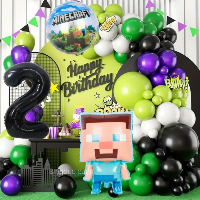 Bộ Ballons Chủ Đề Minecraft Sinh Nhật Số Đen Bóng Vòng Hoa Trang Trí Tiệc