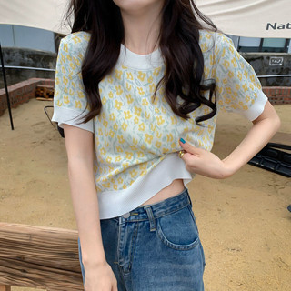 Phong Cách Phương Tây ins Đơn Giản Phù Hợp Với Áo Thun Hoa Tươi Nhỏ Mùa Hè Phong Cách Mới Cổ Tròn Chui Đầu Áo Len Tay Ngắn Top Nữ