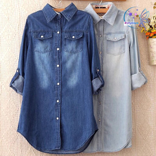 Rotyroya-nữ Áo Sơ Mi Áo Sơ Mi Ve Áo Tay Dài Rời Phù Hợp Với Áo Sơ Mi Denim Dài Vừa Vặn Phong Cách Đi Lại Cơ Bản Áo Khoác Ngoài Có Túi