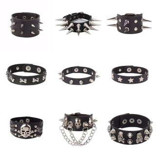 Bông tai kẹp phong cách gothic đầu lâu đầu lâu da pu dây đeo tay cho nam punk đinh tán dây xích vòng tay trang sức