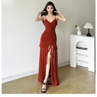 Kliou Pháp Vintage Ánh Sáng Trưởng Thành Gió Lá Sen Edge Cổ Chữ V Sling Đầm Nữ Không Đều Chia Dài Đầm